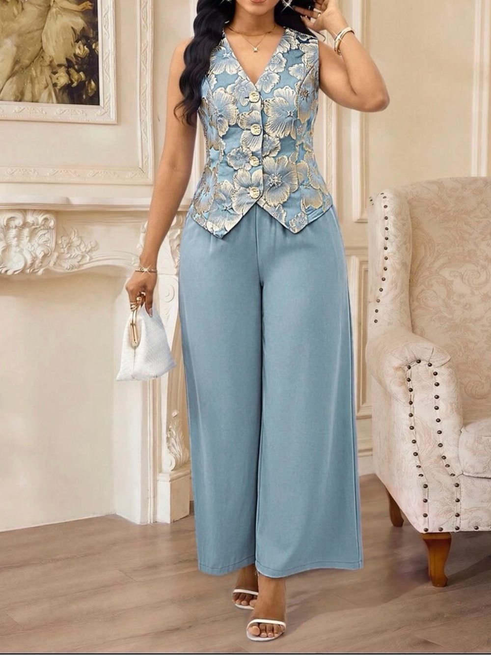 Cream Contrast-Trim Tailored Women's Pantsuit - Picture 5 of 6